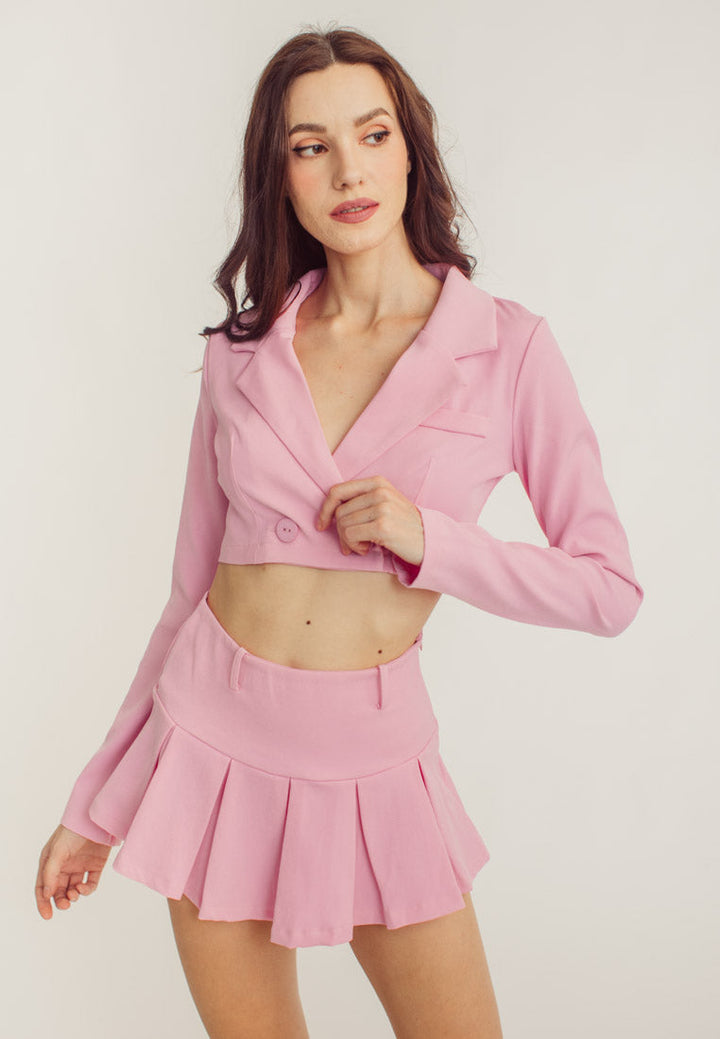 Noella Pink Plus Lapel Neck Blazer & Pleated Skirt Set