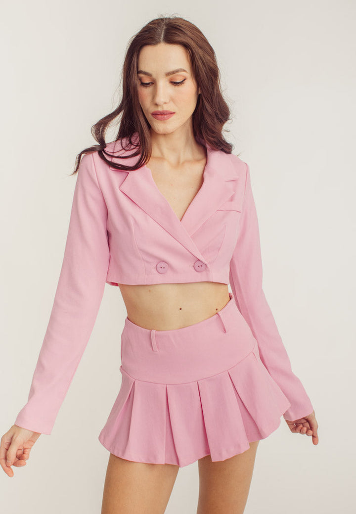 Noella Pink Plus Lapel Neck Blazer & Pleated Skirt Set