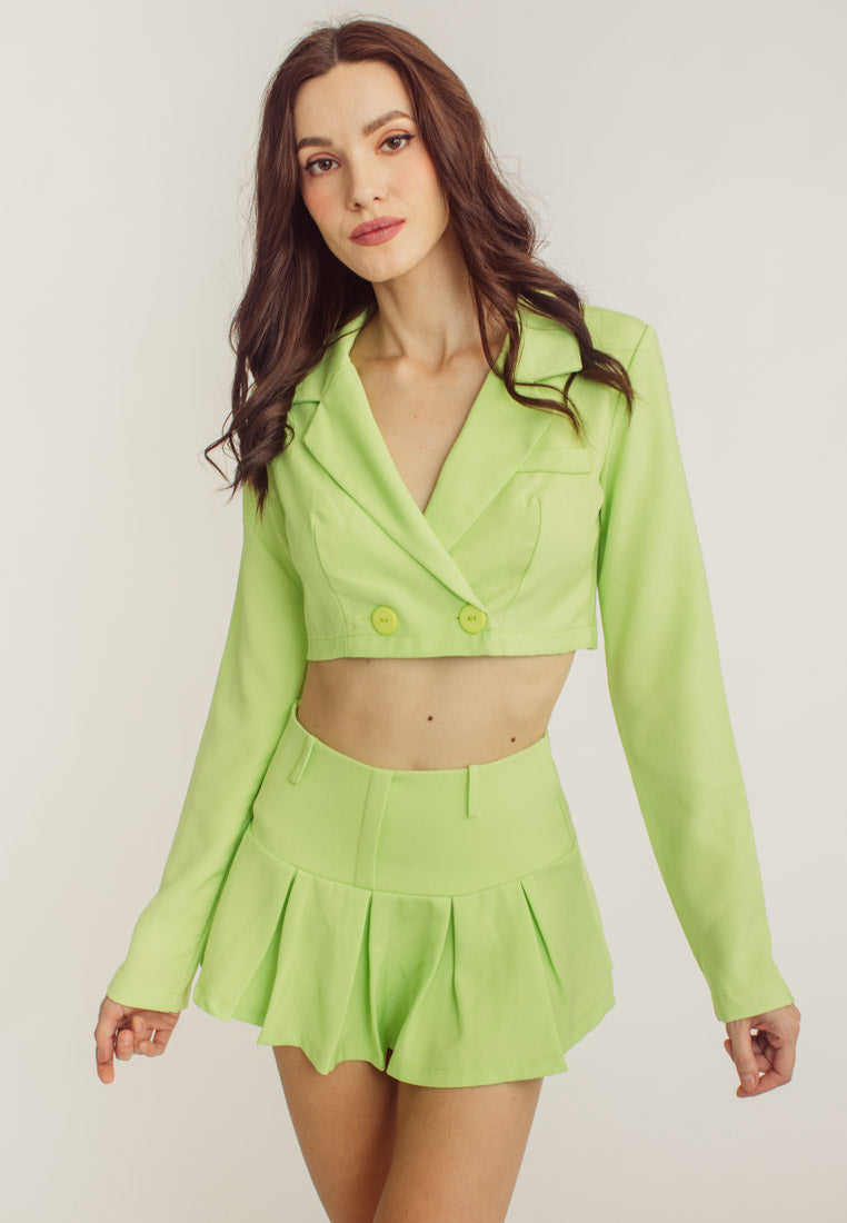Noella Avocado Green Plus Lapel Neck Blazer & Pleated Skirt Set