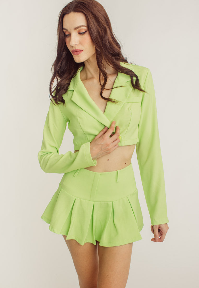 Noella Avocado Green Plus Lapel Neck Blazer & Pleated Skirt Set