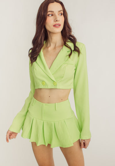 Noella Avocado Green Plus Lapel Neck Blazer & Pleated Skirt Set