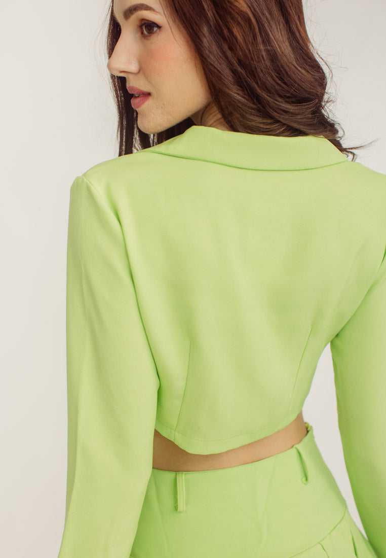 Noella Avocado Green Plus Lapel Neck Blazer & Pleated Skirt Set