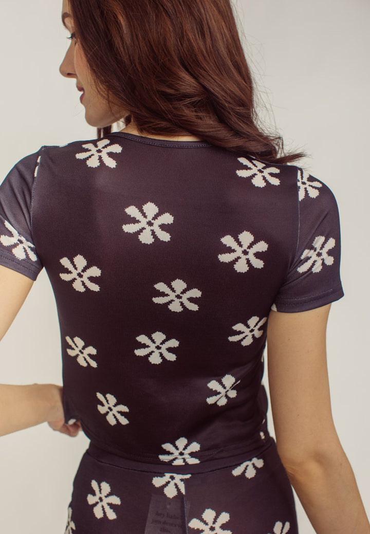 Elena Black Daisy Pattern Top and Short Two Piece Set