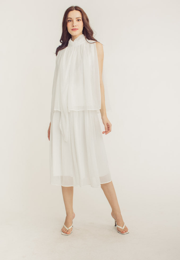 Mia White Elegant Chiffon Sleeveless Top and Midi  Skirt Set