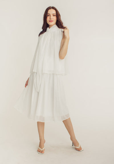 Mia White Elegant Chiffon Sleeveless Top and Midi  Skirt Set