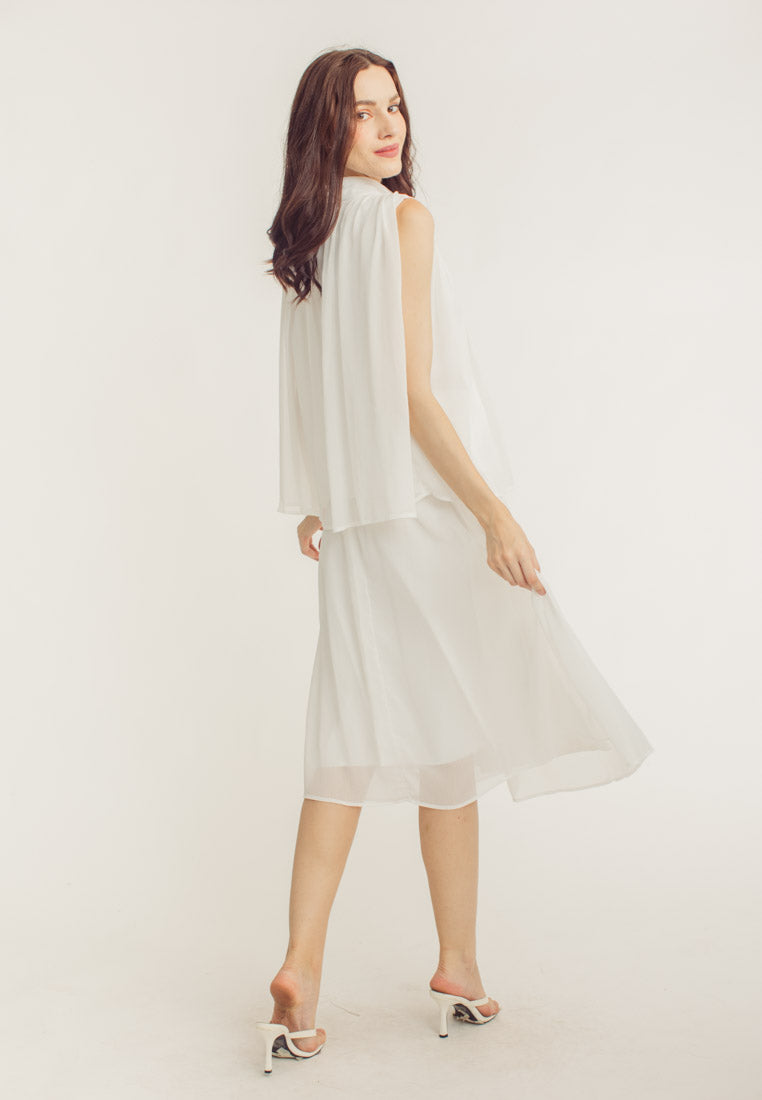 Mia White Elegant Chiffon Sleeveless Top and Midi  Skirt Set