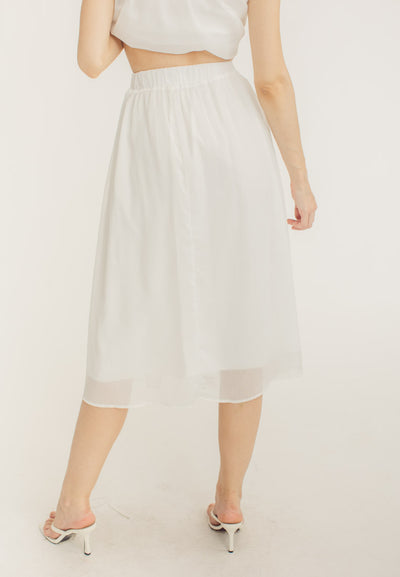 Mia White Elegant Chiffon Sleeveless Top and Midi  Skirt Set