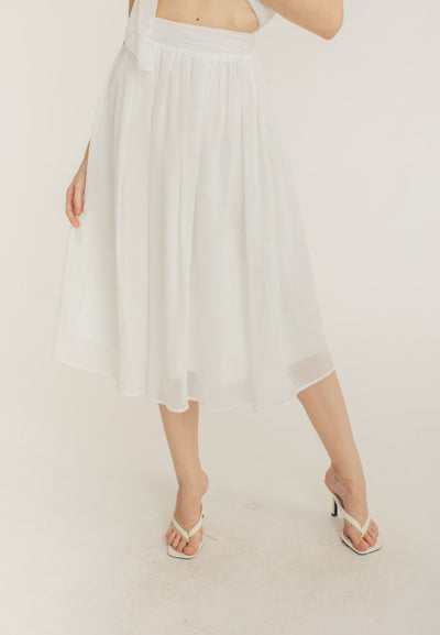Mia White Elegant Chiffon Sleeveless Top and Midi  Skirt Set