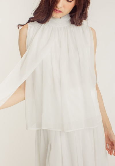 Mia White Elegant Chiffon Sleeveless Top and Midi  Skirt Set