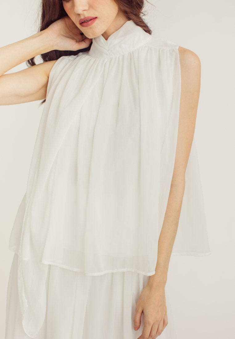 Mia White Elegant Chiffon Sleeveless Top and Midi  Skirt Set