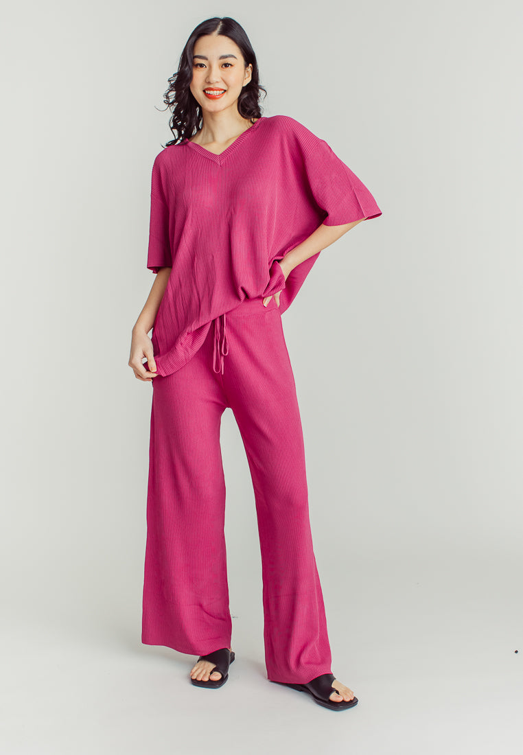 Maira Purple V Neckline Knitted Short Sleeve Top and Straight Cut Culottes Set