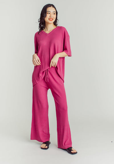 Maira Purple V Neckline Knitted Short Sleeve Top and Straight Cut Culottes Set