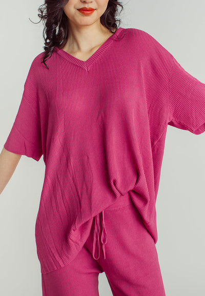 Maira Purple V Neckline Knitted Short Sleeve Top and Straight Cut Culottes Set