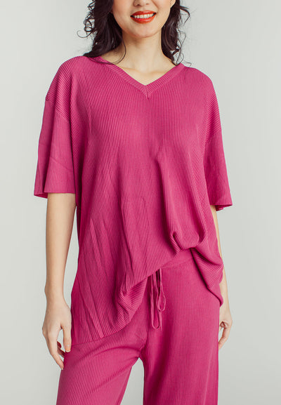 Maira Purple V Neckline Knitted Short Sleeve Top and Straight Cut Culottes Set