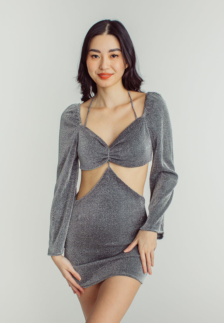 Ashley Black V Neckline Padded Longsleeve Sexy Mini dress