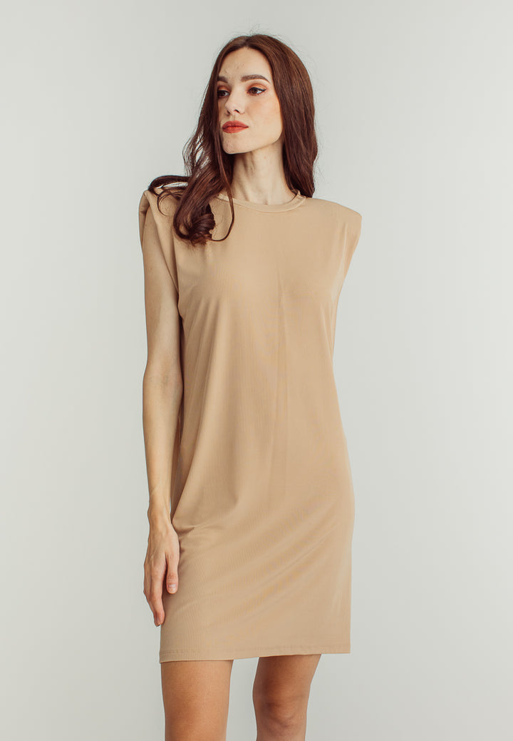 Chan Beige Round Neck Sleeveless Knitted Mini Dress