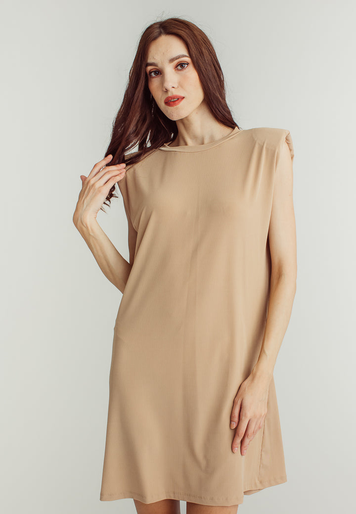 Chan Beige Round Neck Sleeveless Knitted Mini Dress