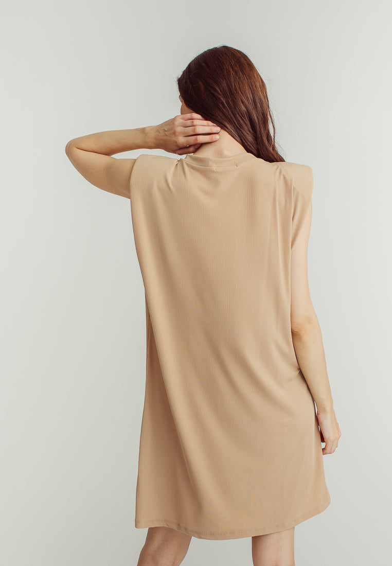 Chan Beige Round Neck Sleeveless Knitted Mini Dress