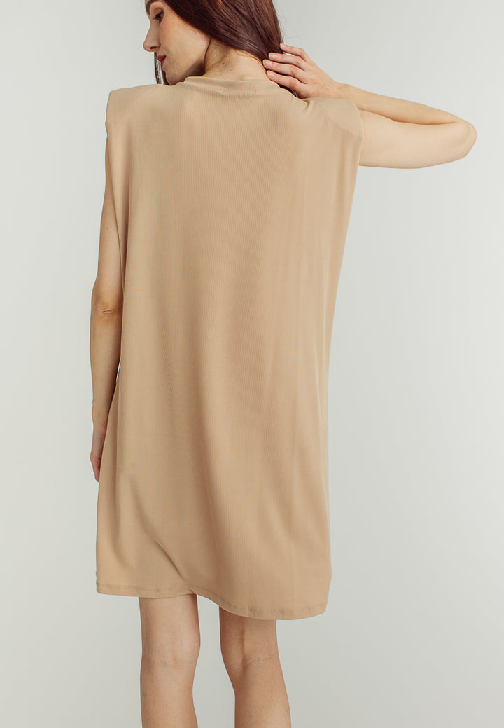 Chan Beige Round Neck Sleeveless Knitted Mini Dress