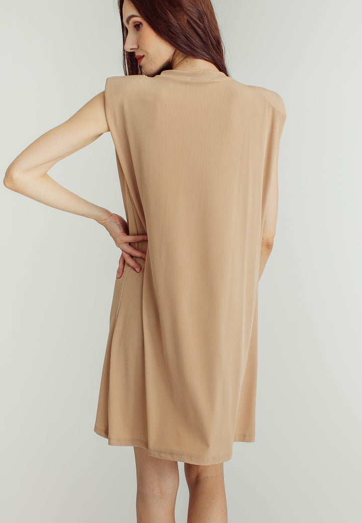 Chan Beige Round Neck Sleeveless Knitted Mini Dress