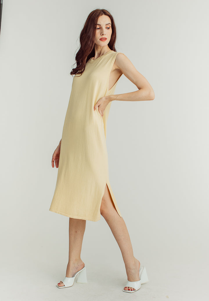 Stela Beige Round Neckline Sleeveless Kntted Midi Dress
