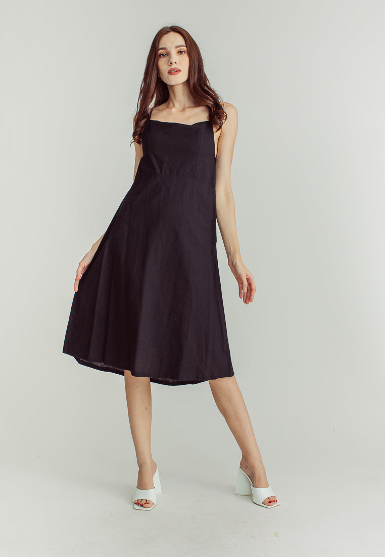 Nanny Black LInen  Sleeveless Open Back Mini Dress