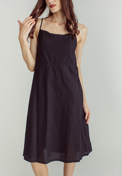 Nanny Black LInen  Sleeveless Open Back Mini Dress