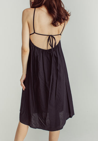 Nanny Black LInen  Sleeveless Open Back Mini Dress