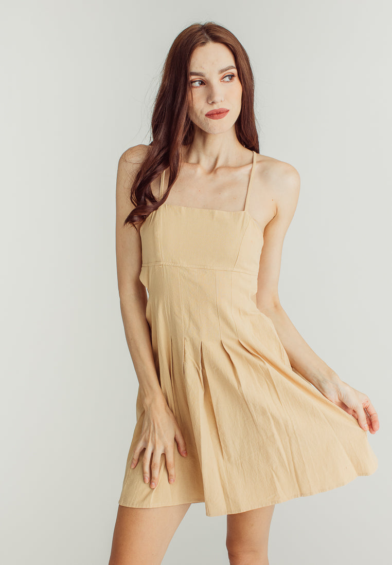 Amaris Beige Sleeveless Self tie bacck Mini Dress