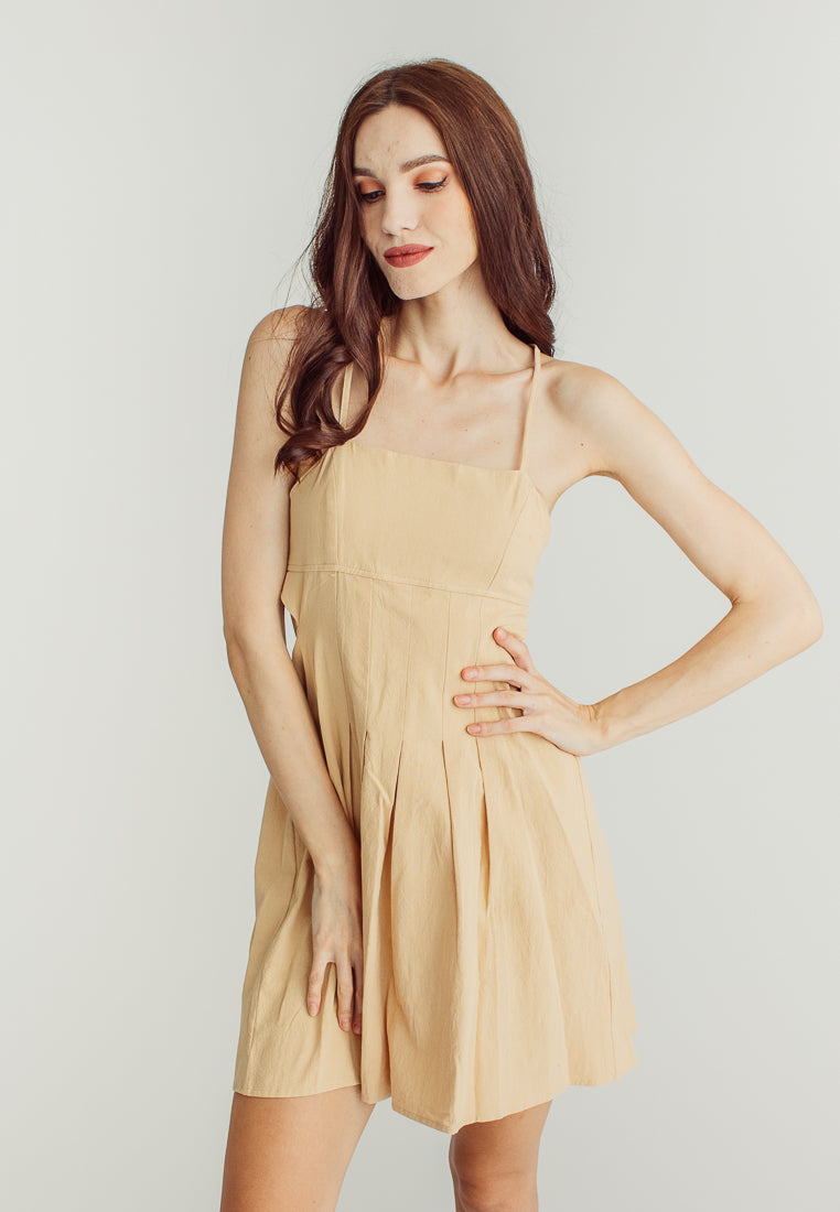 Amaris Beige Sleeveless Self tie bacck Mini Dress