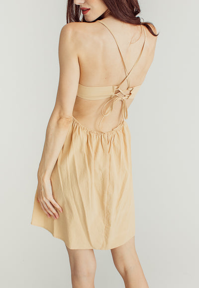 Amaris Beige Sleeveless Self tie bacck Mini Dress
