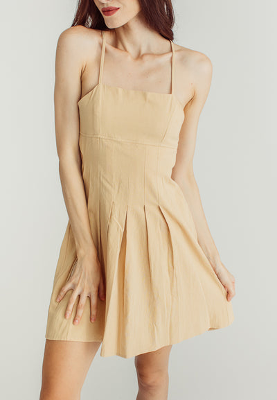 Amaris Beige Sleeveless Self tie bacck Mini Dress