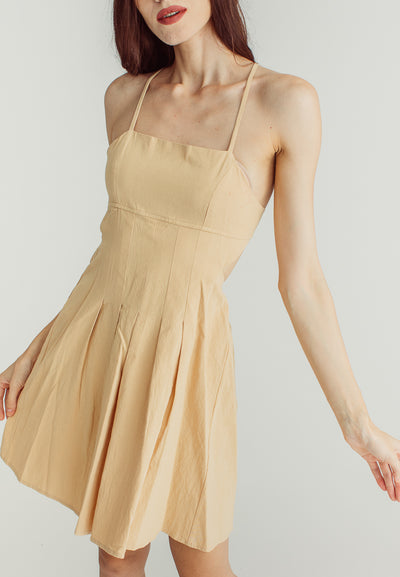Amaris Beige Sleeveless Self tie bacck Mini Dress