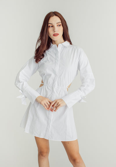 Amber White Stain Waist Hollow Long Sleeve Drawstring Collar Shirt Dress