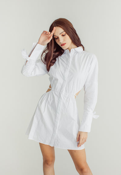 Amber White Stain Waist Hollow Long Sleeve Drawstring Collar Shirt Dress