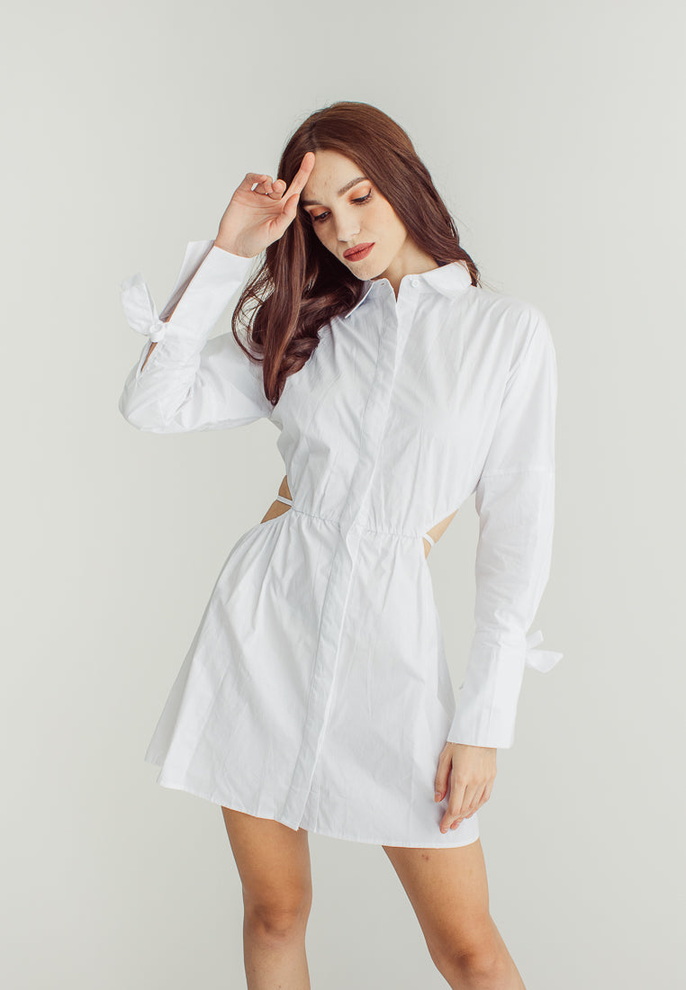 Amber White Stain Waist Hollow Long Sleeve Drawstring Collar Shirt Dress