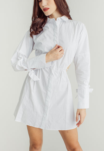 Amber White Stain Waist Hollow Long Sleeve Drawstring Collar Shirt Dress