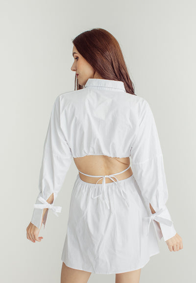 Amber White Stain Waist Hollow Long Sleeve Drawstring Collar Shirt Dress