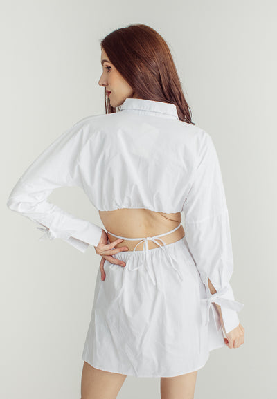 Amber White Stain Waist Hollow Long Sleeve Drawstring Collar Shirt Dress