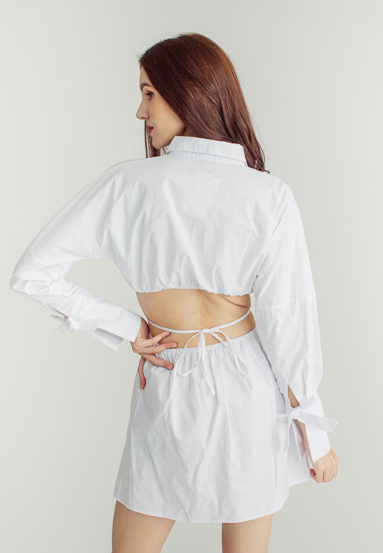Amber White Stain Waist Hollow Long Sleeve Drawstring Collar Shirt Dress