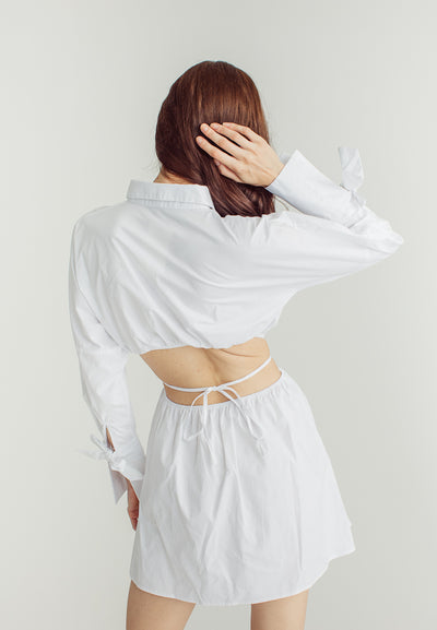 Amber White Stain Waist Hollow Long Sleeve Drawstring Collar Shirt Dress