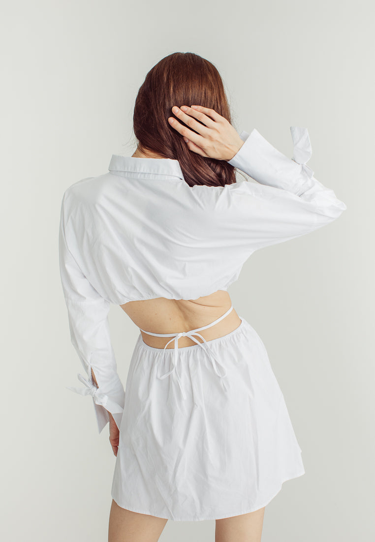 Amber White Stain Waist Hollow Long Sleeve Drawstring Collar Shirt Dress
