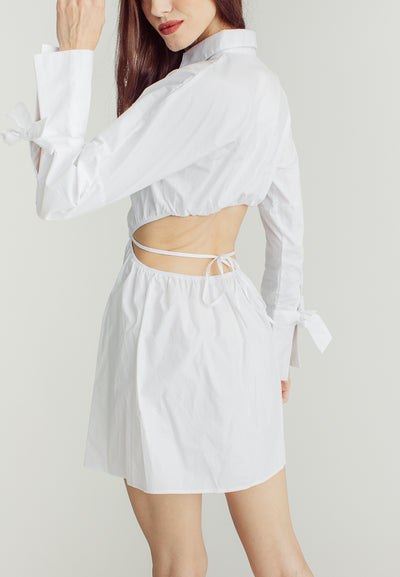 Amber White Stain Waist Hollow Long Sleeve Drawstring Collar Shirt Dress