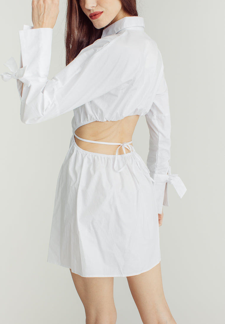 Amber White Stain Waist Hollow Long Sleeve Drawstring Collar Shirt Dress