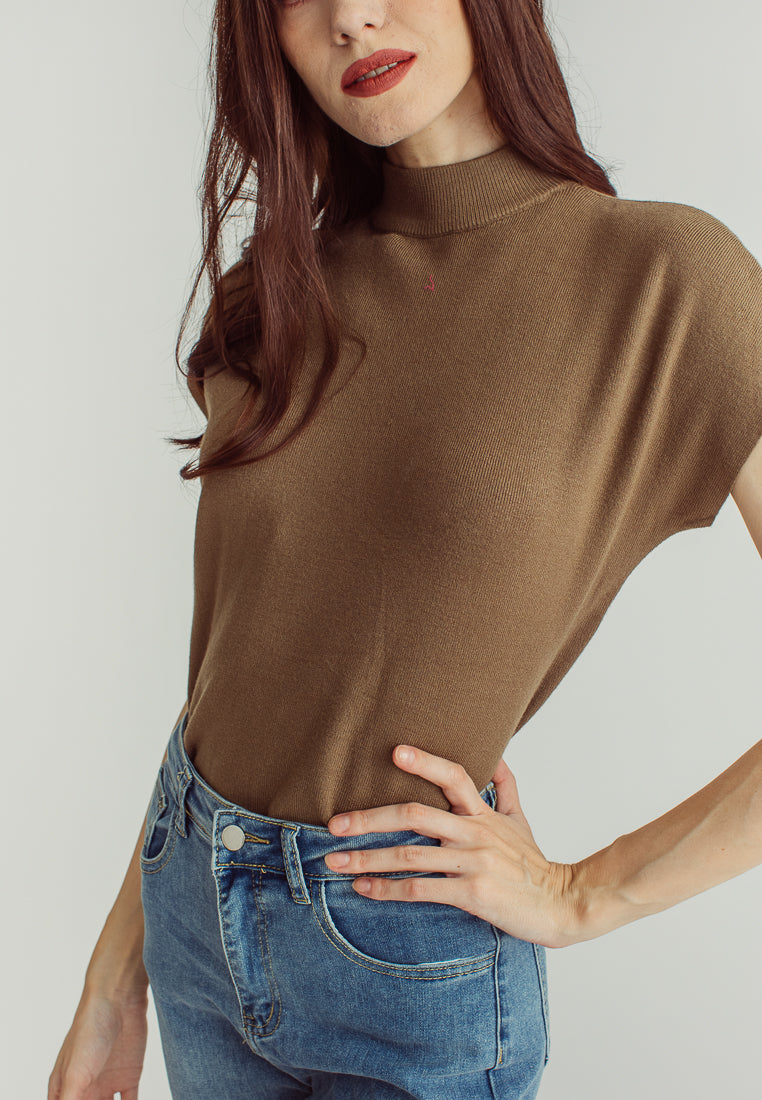 Jarvis Brown Sleeveless Round Neckline Knitted Top