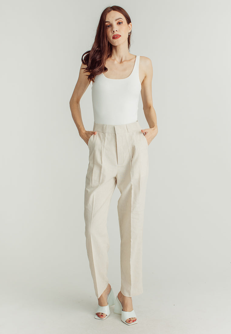 Yvette Beige Straight Cut Trouser Pants