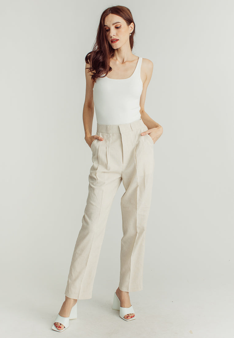 Yvette Beige Straight Cut Trouser Pants