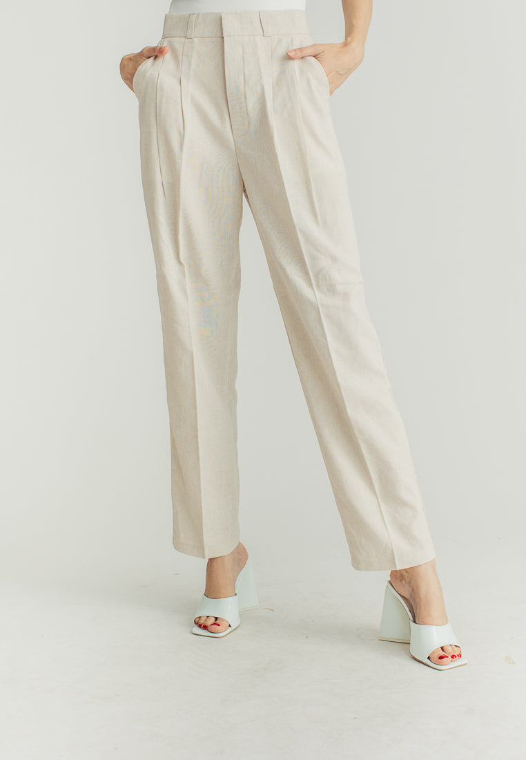 Yvette Beige Straight Cut Trouser Pants