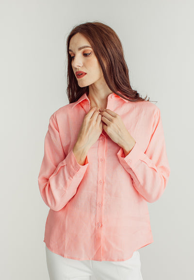 Abby Pink Long Sleeve with Collar Buttondown Polo Top