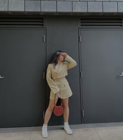Leona Beige Cropped Blazer Top with Mini Skirt Set